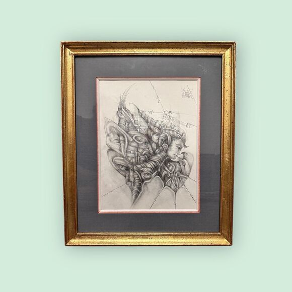 Signed Surrealist Pencil Drawing: Dreamscape Art, Loire Valley France - Picture 1 of 4